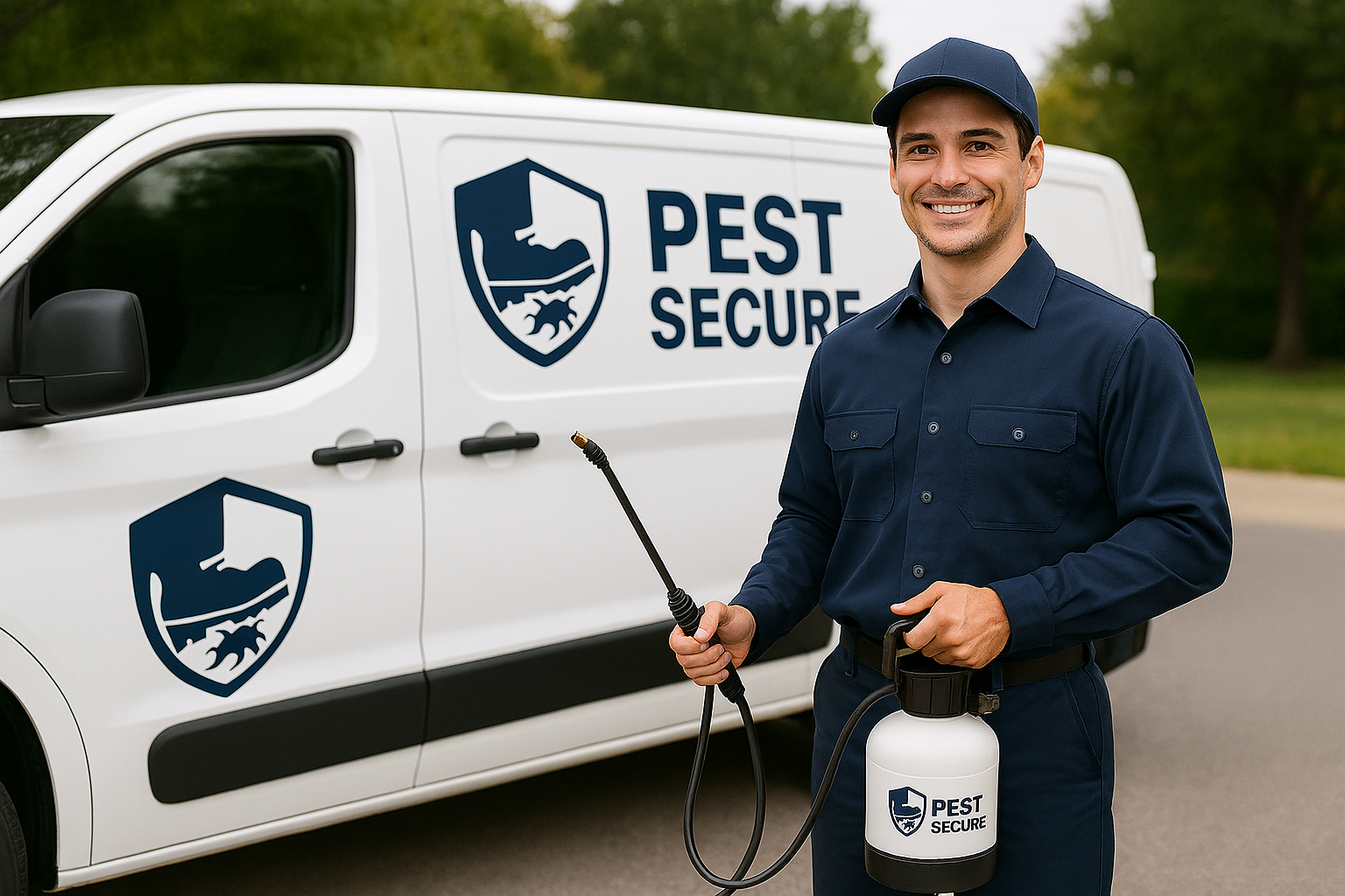 Professional pest control technician treating a home
